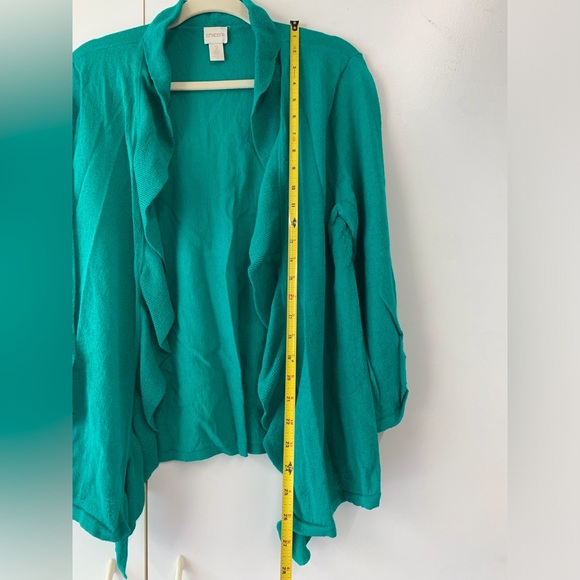 Chico’s Teal Ruffled Open Front Cardigan - sz 2 (L) - Picture 7 of 12